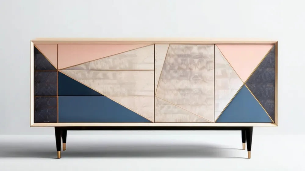 Kredens MDF z geometrycznymi frontami różowo-granatowo-kremowo-grafitowy ze złotymi detalami, 180 × 40 × 85 cm