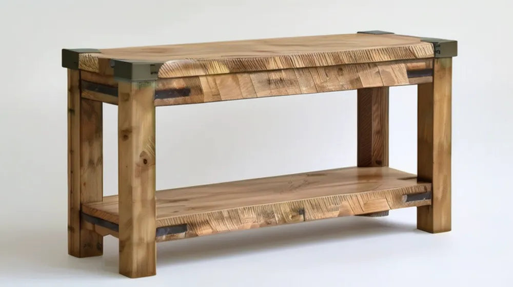 Rustykalna konsola z litego drewna sosnowego z dolną półką, naturalny brąz/czarny, 120 × 40 × 80 cm
