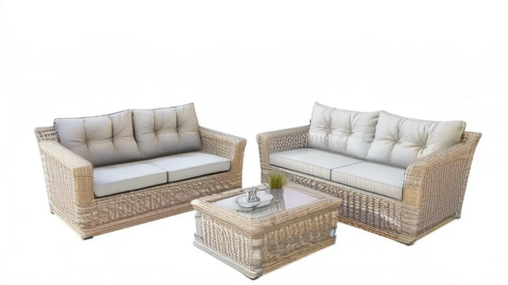 Beżowo-kremowy zestaw wypoczynkowy z technorattanu – 2 sofy 130 x 75 x 82 cm i stolik 100 x 60 x 45 cm