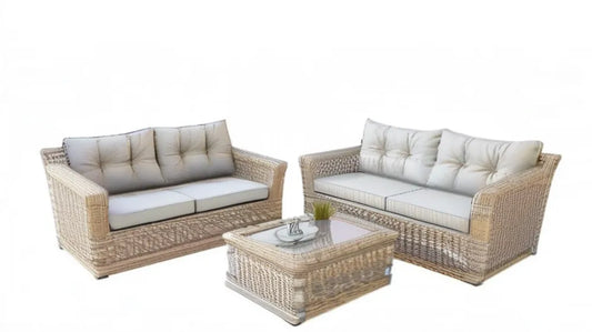Beżowo-kremowy zestaw wypoczynkowy z technorattanu – 2 sofy 130 x 75 x 82 cm i stolik 100 x 60 x 45 cm