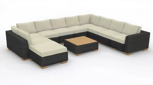 Modułowy zestaw wypoczynkowy w kształcie U z technorattanu, czarno-kremowy, 300 × 220 × 220 cm ze stolikiem