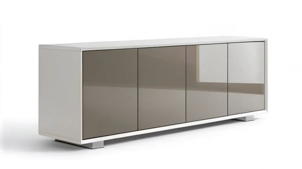Komoda z płyty MDF i lustrzanymi frontami, biało-szara, 180 x 45 x 75 cm