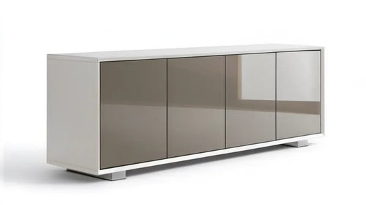 Komoda z płyty MDF i lustrzanymi frontami, biało-szara, 180 x 45 x 75 cm