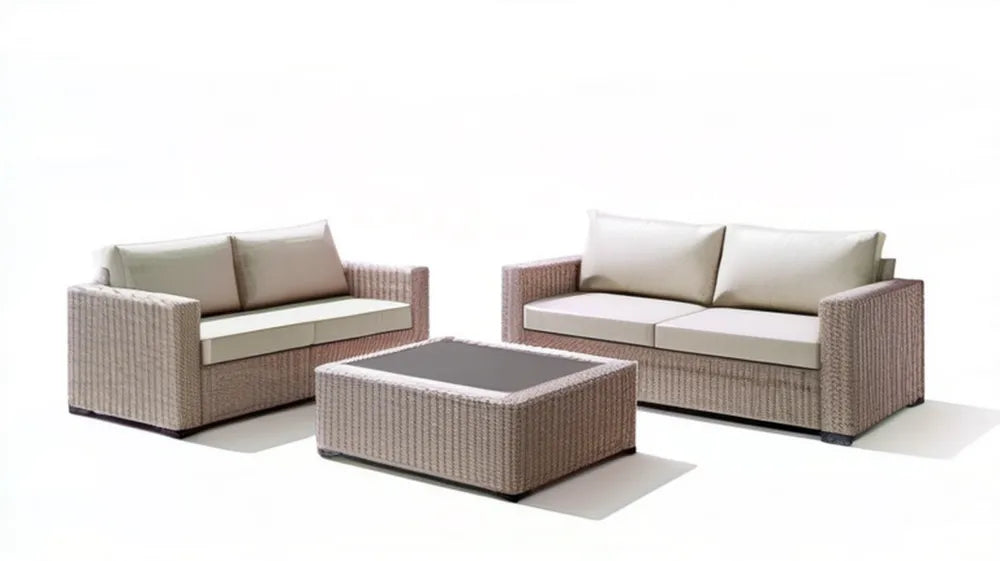 Beżowo-kremowy zestaw mebli ogrodowych z technorattanu – 2 sofy 128 × 75 × 78 cm i stolik 100 × 60 × 45 cm