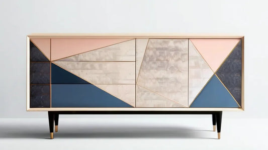 Kredens MDF z geometrycznymi frontami różowo-granatowo-kremowo-grafitowy ze złotymi detalami, 180 × 40 × 85 cm