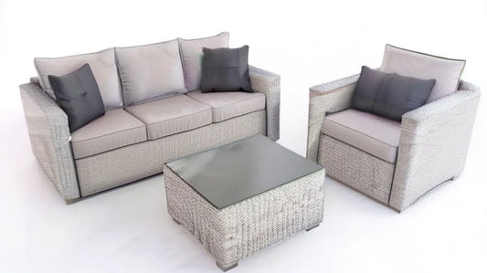 Szary zestaw z technorattanu: sofa 3-osobowa, fotel i stolik 100 x 60 x 45 cm
