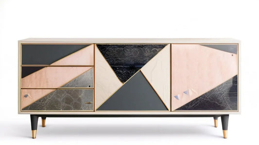 Kredens geometryczny z MDF, czarno-różowo-kremowo-złoty, 160 × 40 × 80 cm