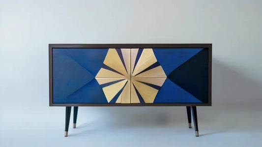 Granatowy kredens czterodrzwiowy z MDF i fornirem dębowym 160 x 40 x 85 cm