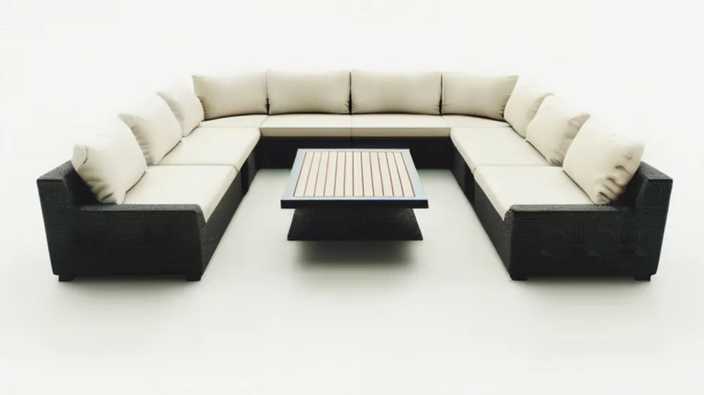 Modułowy zestaw wypoczynkowy ogrodowy w kształcie U z technorattanu, czarno-kremowy, 330 x 250 x 70 cm