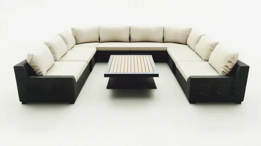 Modułowy zestaw wypoczynkowy ogrodowy w kształcie U z technorattanu, czarno-kremowy, 330 x 250 x 70 cm