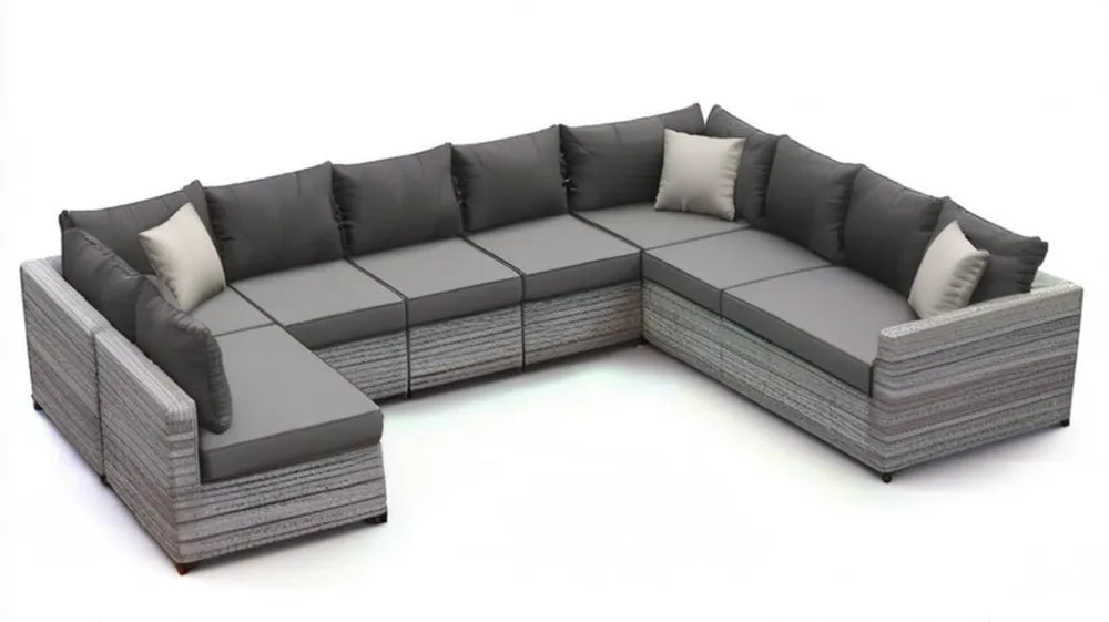 Modułowa sofa w kształcie U z technorattanu PE, szara, 350 x 210 x 70 cm