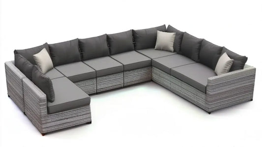 Modułowa sofa w kształcie U z technorattanu PE, szara, 350 x 210 x 70 cm