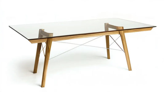 Prostokątny stół ze szkła hartowanego i litego drewna dębowego 180 x 90 x 75 cm, przezroczysty/naturalny dąb