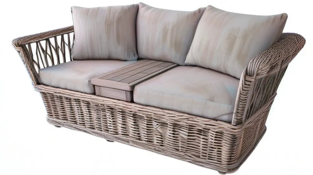 2-osobowa sofa ogrodowa z technorattanu PE ze zintegrowanym stolikiem, szarobeżowa/jasnobeżowa, 200 × 85 × 90 cm
