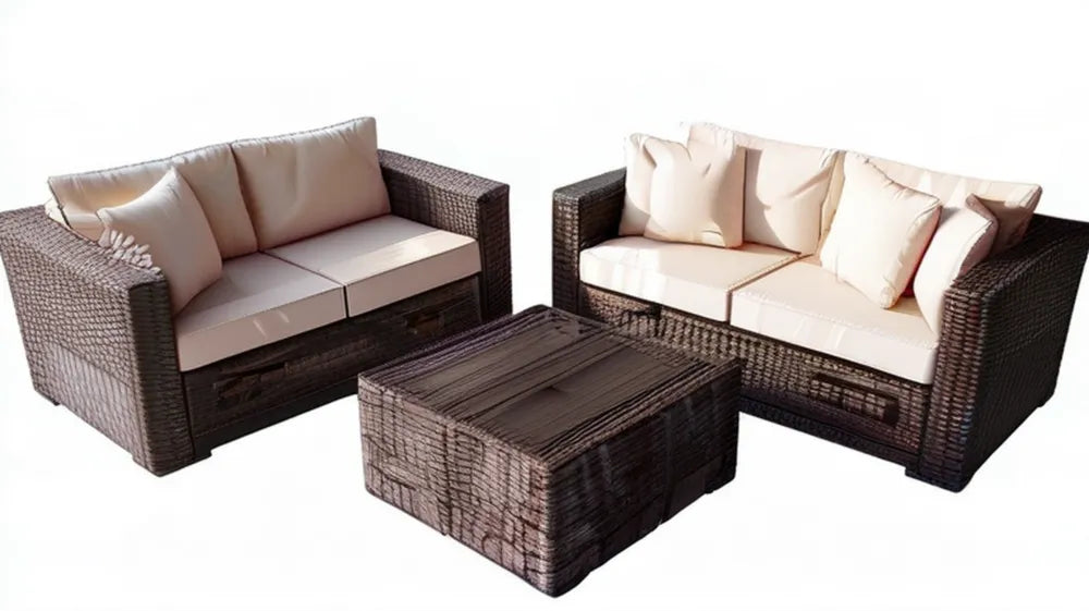 Brązowo-kremowy zestaw ogrodowy z 2 sofami 150 x 75 x 75 cm i stolikiem 100 x 60 x 45 cm, plecionka PE
