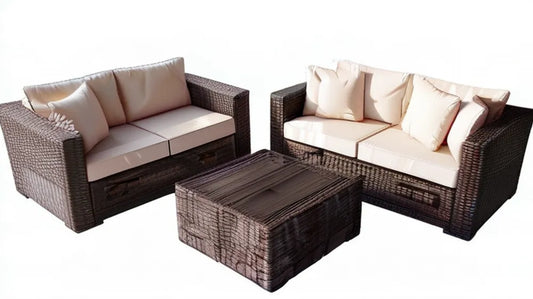 Brązowo-kremowy zestaw ogrodowy z 2 sofami 150 x 75 x 75 cm i stolikiem 100 x 60 x 45 cm, plecionka PE
