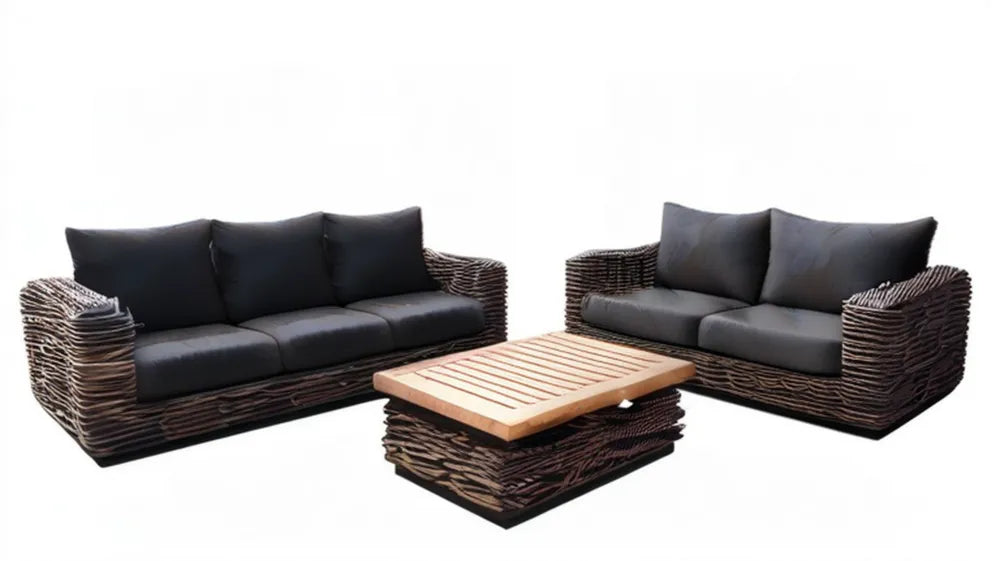 3-częściowy komplet ogrodowy z plecionki PE brązowy z czarnymi poduszkami, sofa 3-osobowa 220 x 90 x 75 cm, sofa 2-osobowa 160 x 90 x 75 cm, stolik 110 x 60 x 40 cm