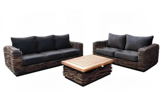 3-częściowy komplet ogrodowy z plecionki PE brązowy z czarnymi poduszkami, sofa 3-osobowa 220 x 90 x 75 cm, sofa 2-osobowa 160 x 90 x 75 cm, stolik 110 x 60 x 40 cm