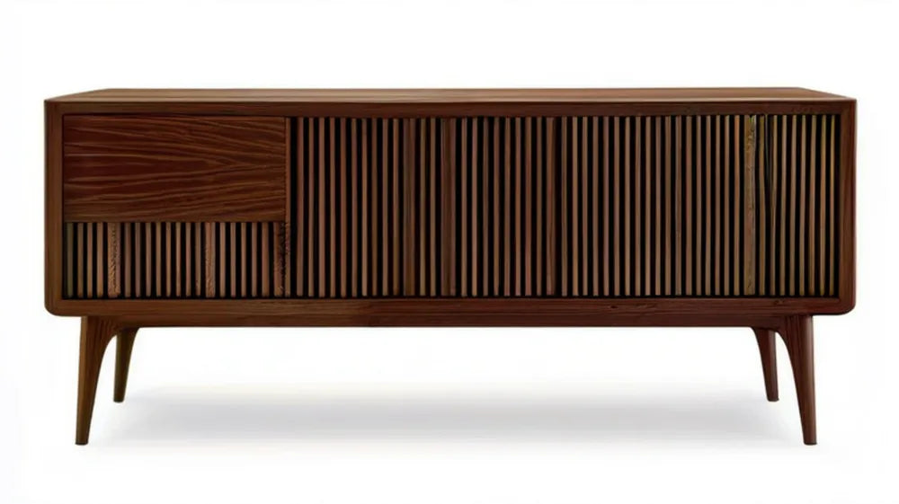 Kredens z forniru orzechowego z lamelowym frontem, ciemnobrązowy, 160 × 45 × 85 cm