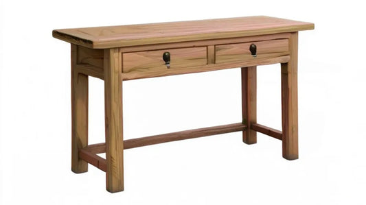 Konsola z litego drewna sosnowego w naturalnym brązie z czarnymi uchwytami, 100 x 40 x 80 cm, 2 szuflady